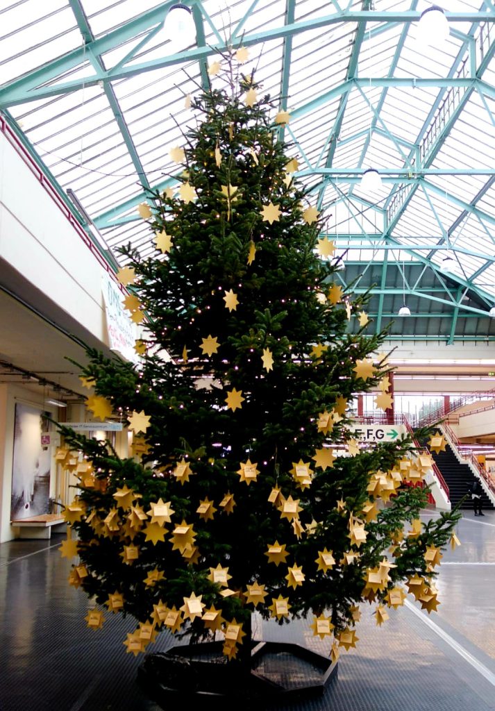 Weihnachtsbaum in der Unihalle: eine Tanne mit vielen gelben Papiersternen.